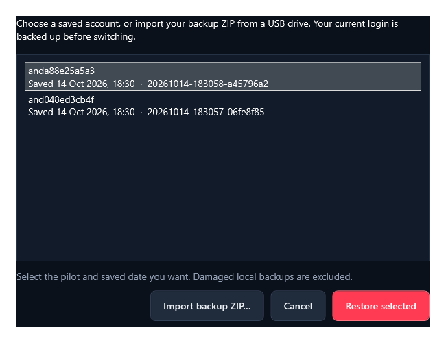 Graphical account recovery dialog with Import backup ZIP and Restore selected controls