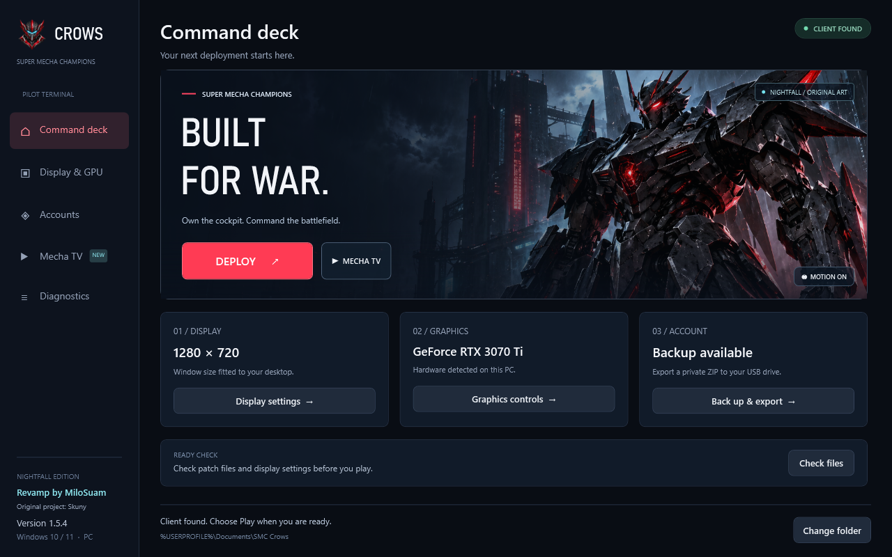 Nightfall launcher command deck with mecha artwork, display controls and account backup